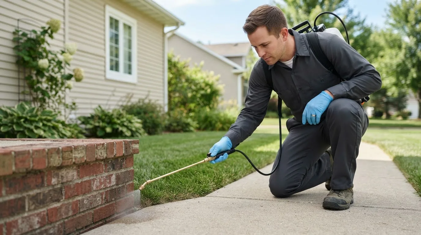Pest control technician treating a home near Blue Mound, IL