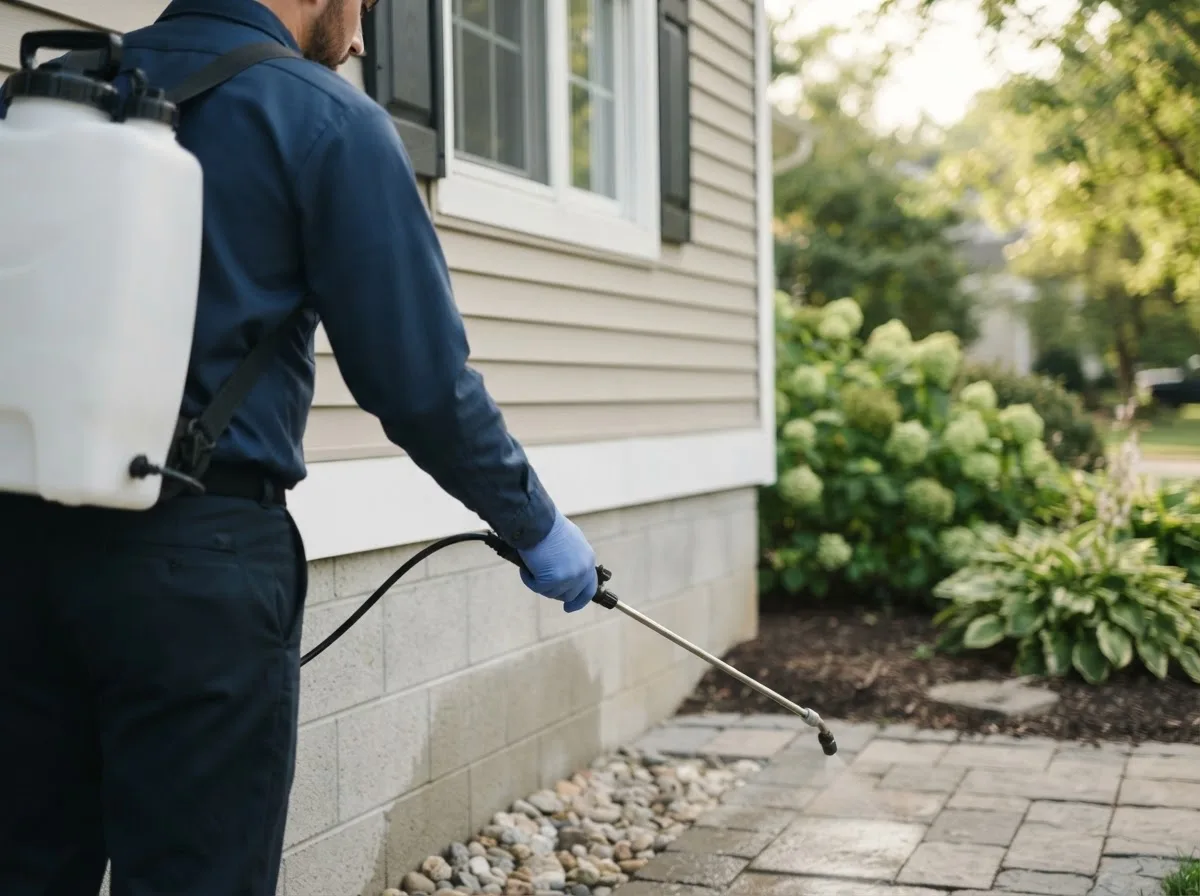 Pest control technician inspecting a home in Blue Mound, IL